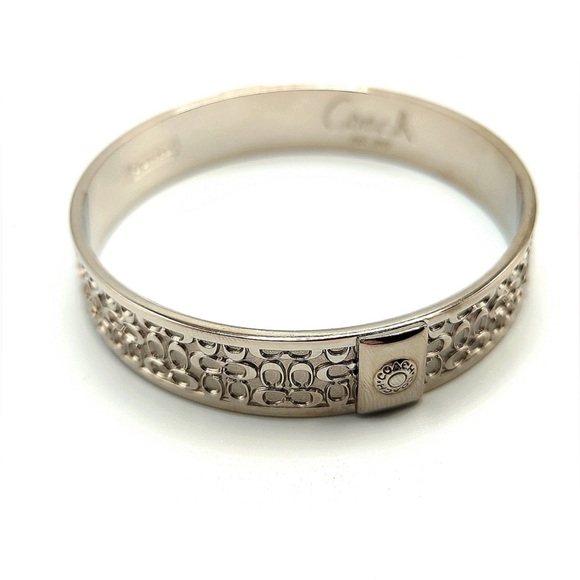 COACH Silver Bangle Bracelet with Signature Classic “C” Logo Print. - Picture 3 of 12